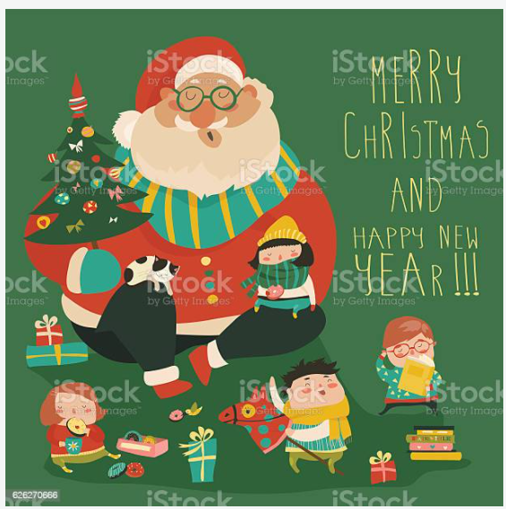 [istockphoto] Cartoon Santa with kids stock illustration (2021)