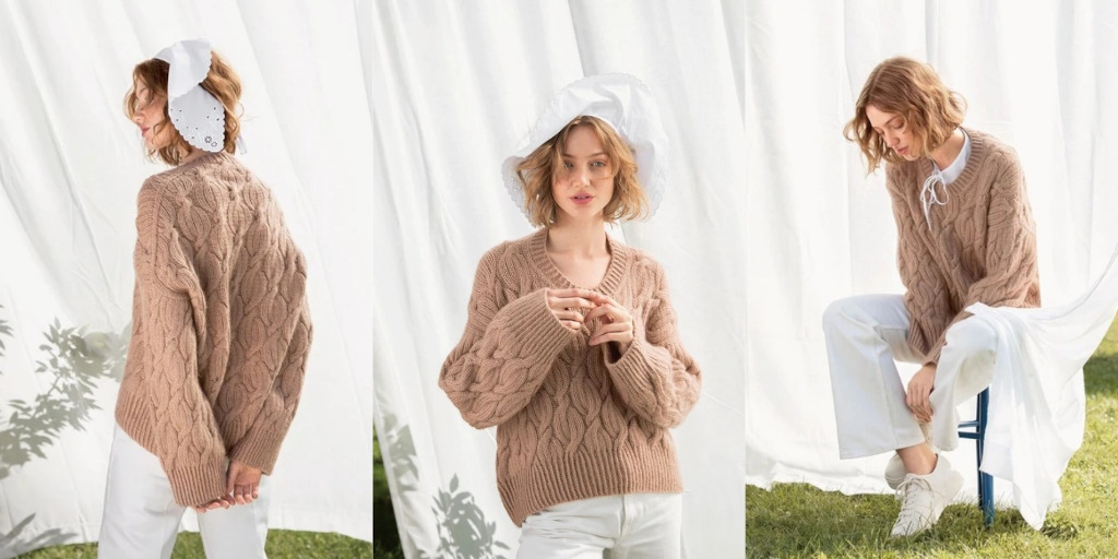 [Вяжи.ру] Женский пуловер с косами глубоким вырезом и японским плечом Haley (2024)